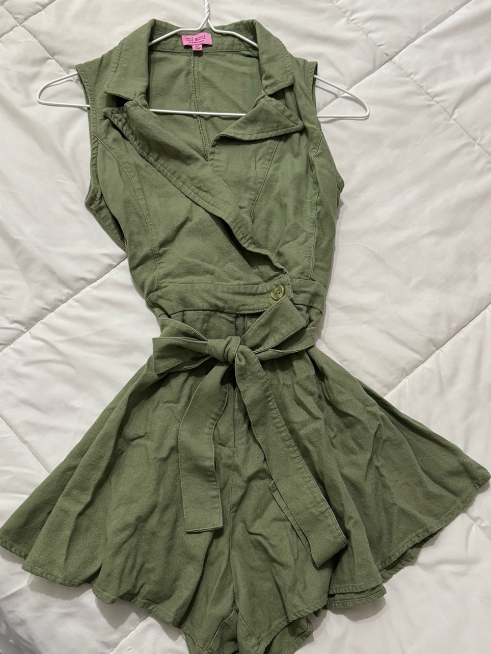 Francesca's Collections Olive Green Sleeveless Belted Romper